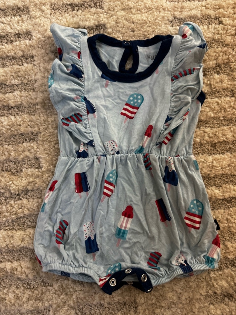 Kyte Baby 0-3 Months Light Blue Romper with Patriotic Bomb Print Snap Crotch